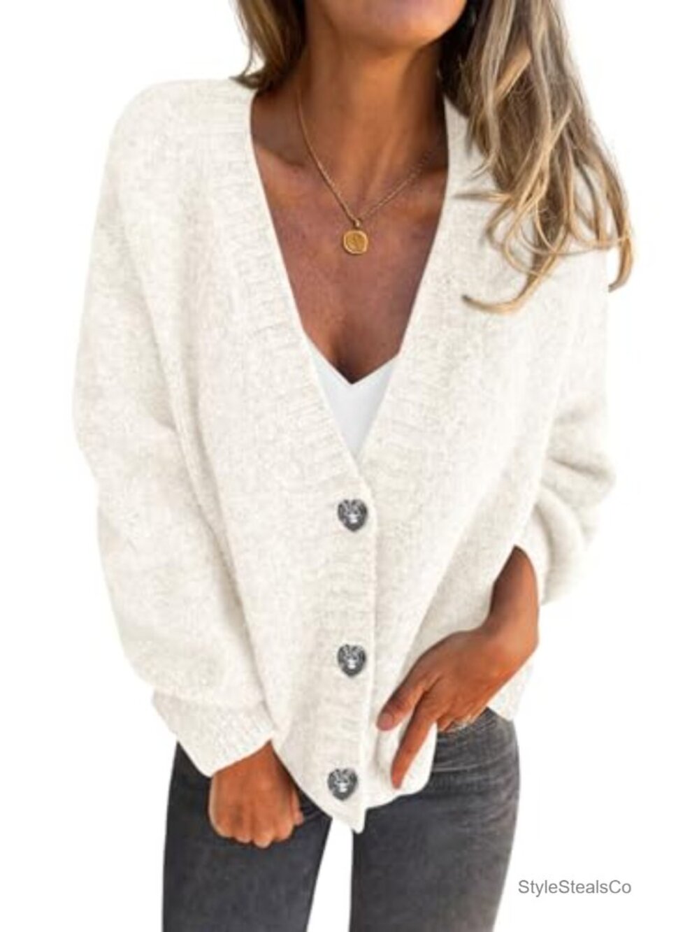 Oversized Chunky Knit Button Down V-Neck Cardigan Sweater Long Sleeve